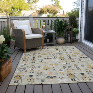 HomeRoots 5' Washable Beige, Gold, Black & Gray Village House Area Rug for Indoor/Outdoor Spaces – Durable & Stylish 621791