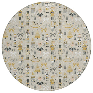 HomeRoots 8' Round Village House Area Rug - Beige, Gold, Black & Gray - Washable, Durable for Indoor & Outdoor Use 621792