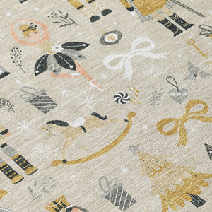 HomeRoots 8' Round Village House Area Rug - Beige, Gold, Black & Gray - Washable, Durable for Indoor & Outdoor Use 621792