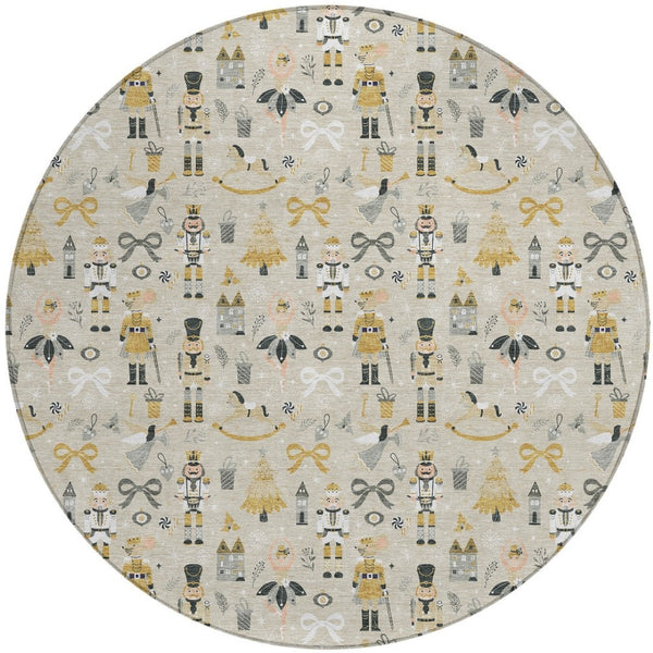 HomeRoots 8' Round Village House Area Rug - Beige, Gold, Black & Gray - Washable, Durable for Indoor & Outdoor Use 621792
