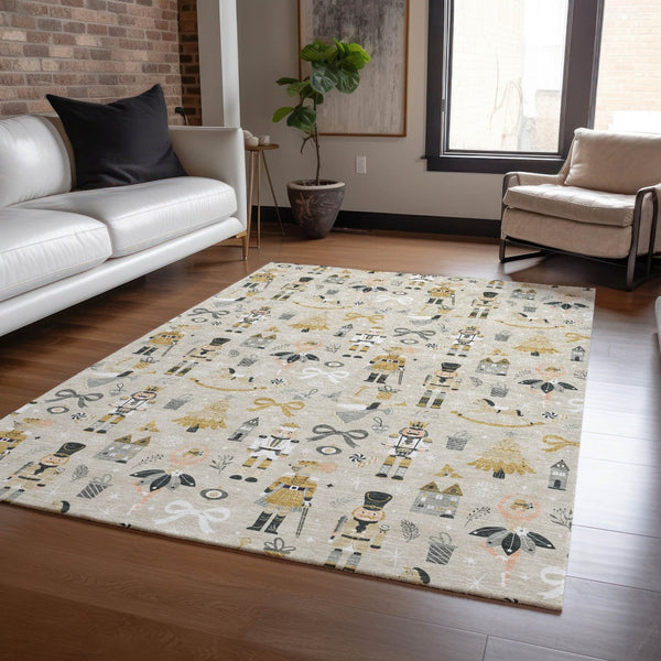 HomeRoots 8' X 10' Washable Beige and Gold Area Rug - Stylish Village House Design for Indoor/Outdoor Use 621793