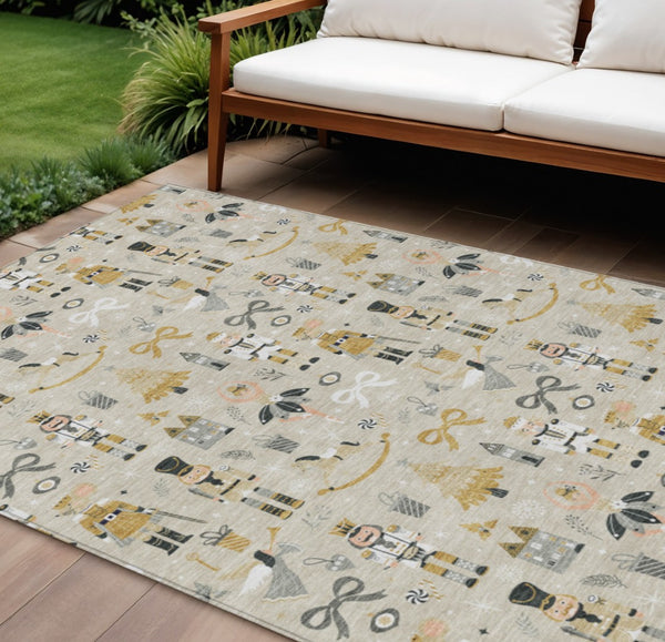HomeRoots 9' X 12' Village House Washable Area Rug - Stylish Beige, Gold, Black & Gray for Indoor/Outdoor Spaces 621794