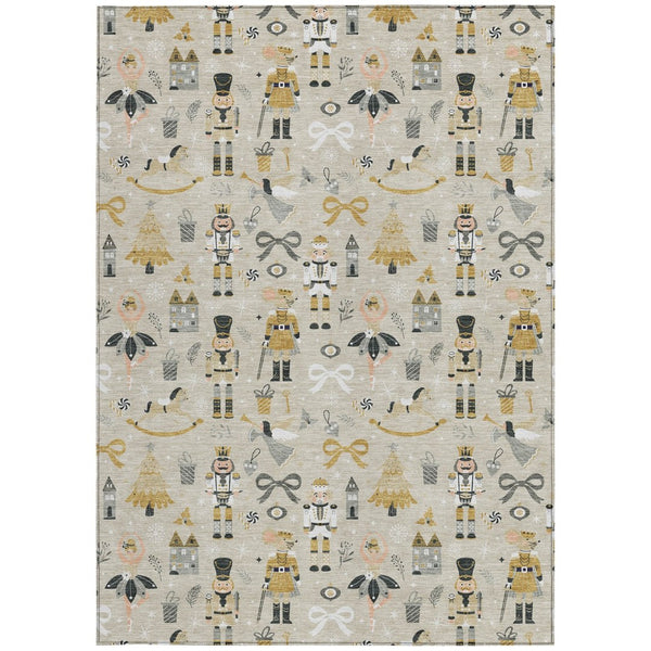 HomeRoots 9' X 12' Village House Washable Area Rug - Stylish Beige, Gold, Black & Gray for Indoor/Outdoor Spaces 621794