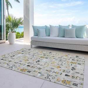HomeRoots 9' X 12' Village House Washable Area Rug - Stylish Beige, Gold, Black & Gray for Indoor/Outdoor Spaces 621794