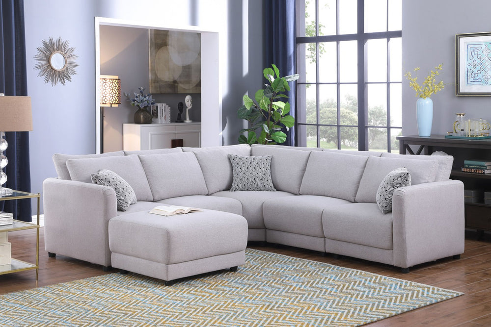 English Elm Fleur Modular Linen Sectional with Ottoman Reversible Chaise and Coordinating Pillows B2749S00096