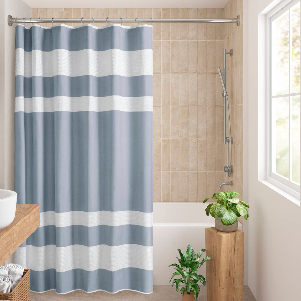 JLA Home Madison Park - Shower Waffle-Textured Stripe Curtain with Scotchgard Water-Repellent Finish for Spa-Like Bathrooms Blue MP70-8552