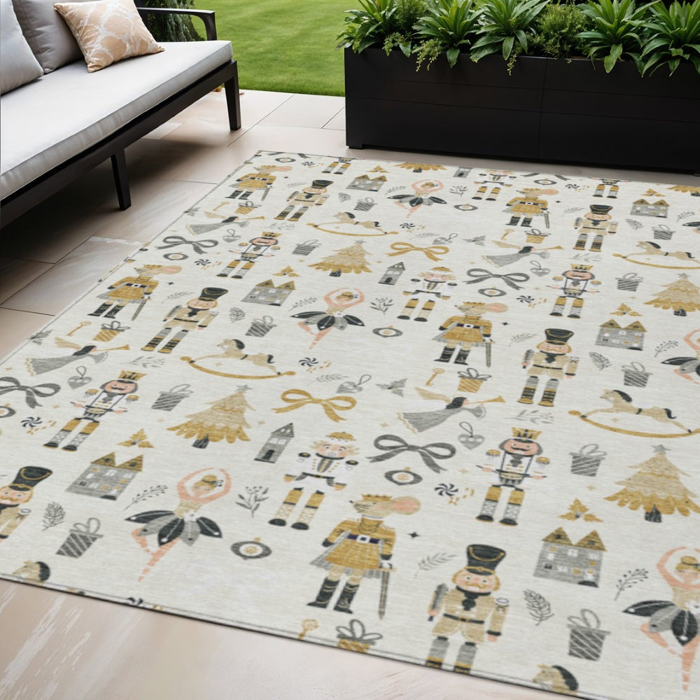 HomeRoots 5' X 8' Washable Area Rug with Village House Design - Elegant Ivory, Gold, Black, and Gray Colors 621803