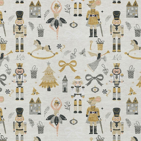 HomeRoots 5' X 8' Washable Area Rug with Village House Design - Elegant Ivory, Gold, Black, and Gray Colors 621803