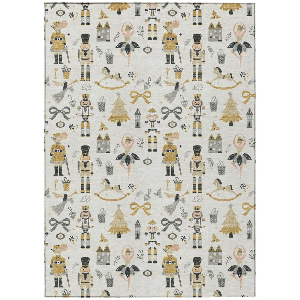 HomeRoots 5' X 8' Washable Area Rug with Village House Design - Elegant Ivory, Gold, Black, and Gray Colors 621803