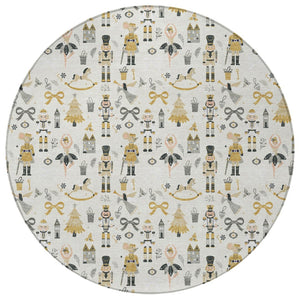 HomeRoots 8' Stunning Ivory Gold Black Gray Round Area Rug – Durable, Washable, Versatile for Indoor/Outdoor Use 621804