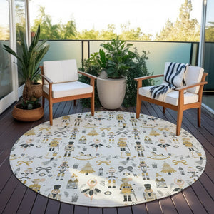 HomeRoots 8' Stunning Ivory Gold Black Gray Round Area Rug – Durable, Washable, Versatile for Indoor/Outdoor Use 621804