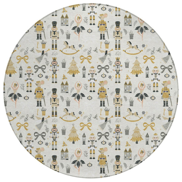HomeRoots 8' Stunning Ivory Gold Black Gray Round Area Rug – Durable, Washable, Versatile for Indoor/Outdoor Use 621804