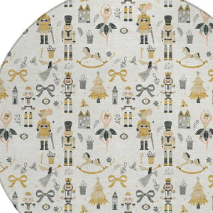 HomeRoots 8' Stunning Ivory Gold Black Gray Round Area Rug – Durable, Washable, Versatile for Indoor/Outdoor Use 621804