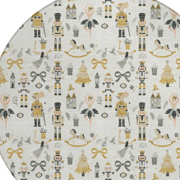 HomeRoots 8' Stunning Ivory Gold Black Gray Round Area Rug – Durable, Washable, Versatile for Indoor/Outdoor Use 621804