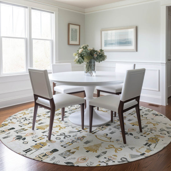 HomeRoots 8' Stunning Ivory Gold Black Gray Round Area Rug – Durable, Washable, Versatile for Indoor/Outdoor Use 621804