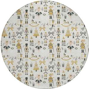 HomeRoots 8' Stunning Ivory Gold Black Gray Round Area Rug – Durable, Washable, Versatile for Indoor/Outdoor Use 621804