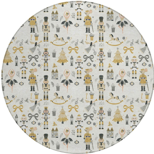 HomeRoots 8' Stunning Ivory Gold Black Gray Round Area Rug – Durable, Washable, Versatile for Indoor/Outdoor Use 621804