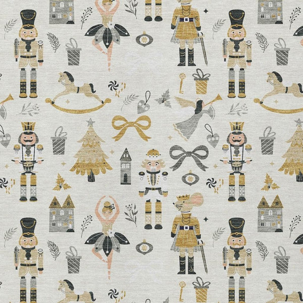 HomeRoots 8' X 10' Washable Indoor Outdoor Area Rug - Elegant Ivory Gold Black Gray Village House Design 621805