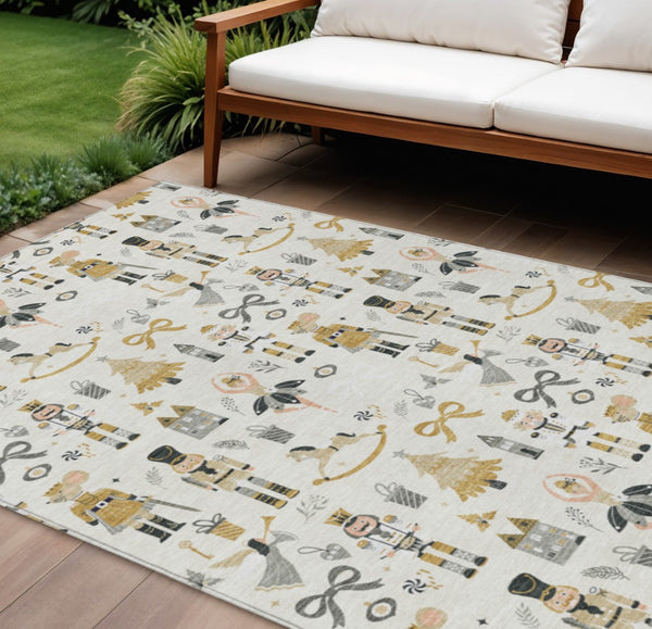 HomeRoots 9' x 12' Indoor Outdoor Area Rug - Elegant Ivory Gold Black Gray Village House Design, Washable & Durable 621806
