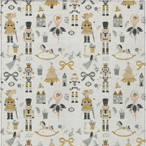 HomeRoots 9' x 12' Indoor Outdoor Area Rug - Elegant Ivory Gold Black Gray Village House Design, Washable & Durable 621806