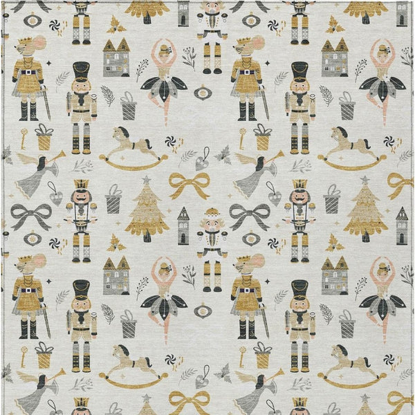 HomeRoots 9' x 12' Indoor Outdoor Area Rug - Elegant Ivory Gold Black Gray Village House Design, Washable & Durable 621806
