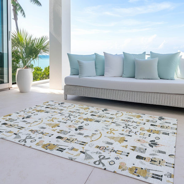 HomeRoots 9' x 12' Indoor Outdoor Area Rug - Elegant Ivory Gold Black Gray Village House Design, Washable & Durable 621806