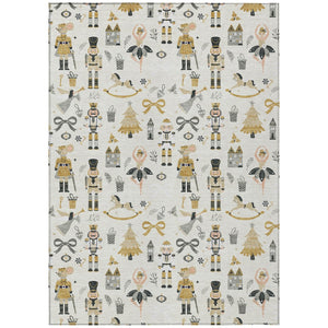 HomeRoots 9' x 12' Indoor Outdoor Area Rug - Elegant Ivory Gold Black Gray Village House Design, Washable & Durable 621806