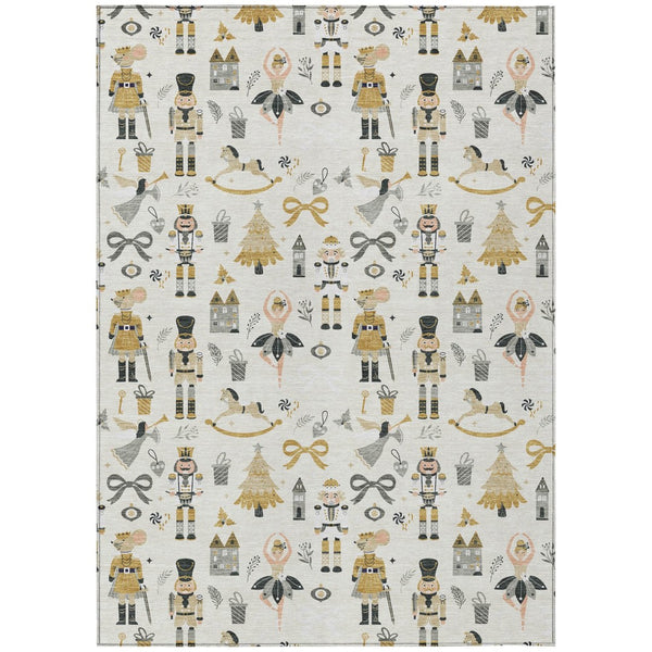 HomeRoots 9' x 12' Indoor Outdoor Area Rug - Elegant Ivory Gold Black Gray Village House Design, Washable & Durable 621806