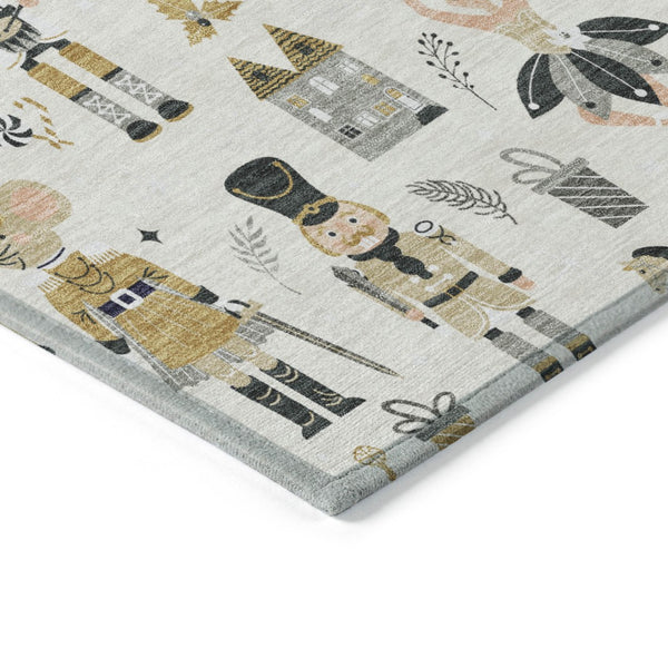 HomeRoots 9' x 12' Indoor Outdoor Area Rug - Elegant Ivory Gold Black Gray Village House Design, Washable & Durable 621806