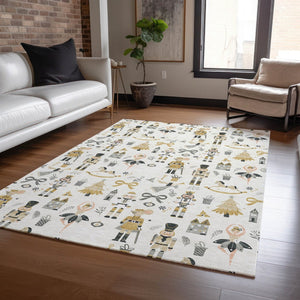 HomeRoots 9' x 12' Indoor Outdoor Area Rug - Elegant Ivory Gold Black Gray Village House Design, Washable & Durable 621806