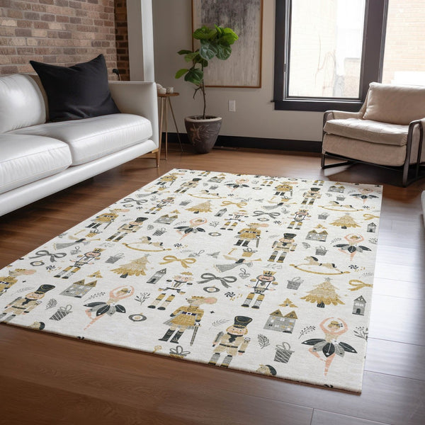 HomeRoots 9' x 12' Indoor Outdoor Area Rug - Elegant Ivory Gold Black Gray Village House Design, Washable & Durable 621806