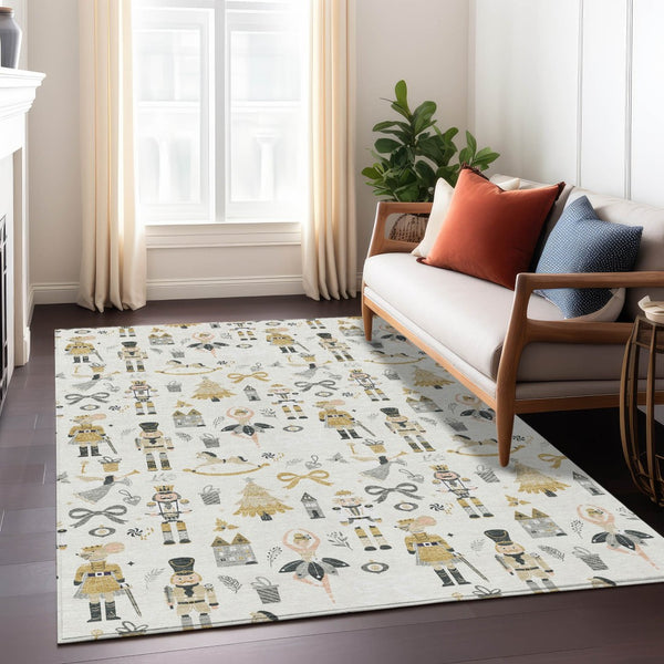 HomeRoots 9' x 12' Indoor Outdoor Area Rug - Elegant Ivory Gold Black Gray Village House Design, Washable & Durable 621806