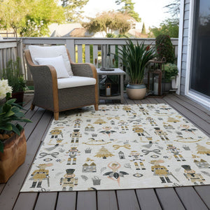 HomeRoots 9' x 12' Indoor Outdoor Area Rug - Elegant Ivory Gold Black Gray Village House Design, Washable & Durable 621806