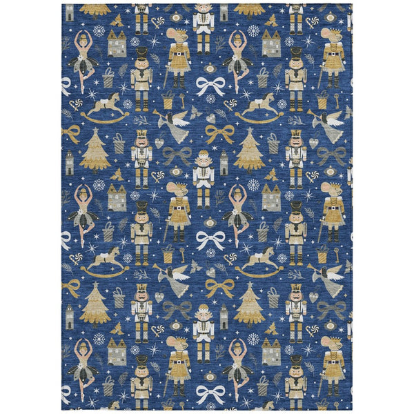 HomeRoots 5' X 8' Washable Navy Blue Area Rug with Gold, Black & Gray, Perfect for Indoor & Outdoor Use 621809