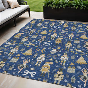 HomeRoots 5' X 8' Washable Navy Blue Area Rug with Gold, Black & Gray, Perfect for Indoor & Outdoor Use 621809