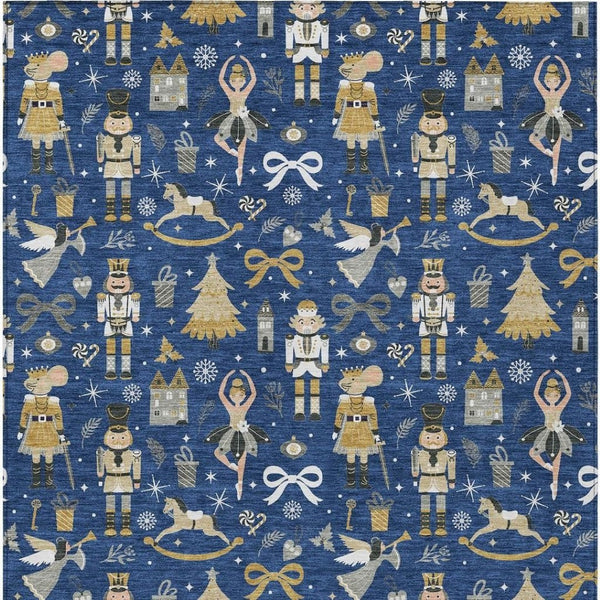 HomeRoots 5' X 8' Washable Navy Blue Area Rug with Gold, Black & Gray, Perfect for Indoor & Outdoor Use 621809
