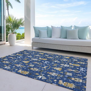 HomeRoots 5' X 8' Washable Navy Blue Area Rug with Gold, Black & Gray, Perfect for Indoor & Outdoor Use 621809
