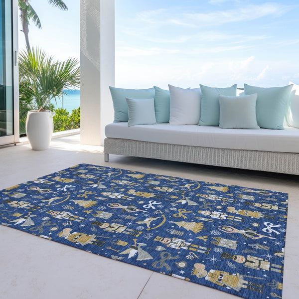 HomeRoots 5' X 8' Washable Navy Blue Area Rug with Gold, Black & Gray, Perfect for Indoor & Outdoor Use 621809