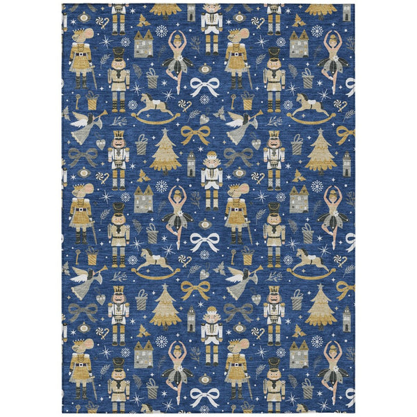 HomeRoots 5' X 8' Washable Navy Blue Area Rug with Gold, Black & Gray, Perfect for Indoor & Outdoor Use 621809