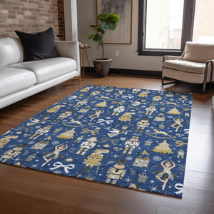 HomeRoots 5' X 8' Washable Navy Blue Area Rug with Gold, Black & Gray, Perfect for Indoor & Outdoor Use 621809