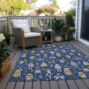 HomeRoots 5' X 8' Washable Navy Blue Area Rug with Gold, Black & Gray, Perfect for Indoor & Outdoor Use 621809
