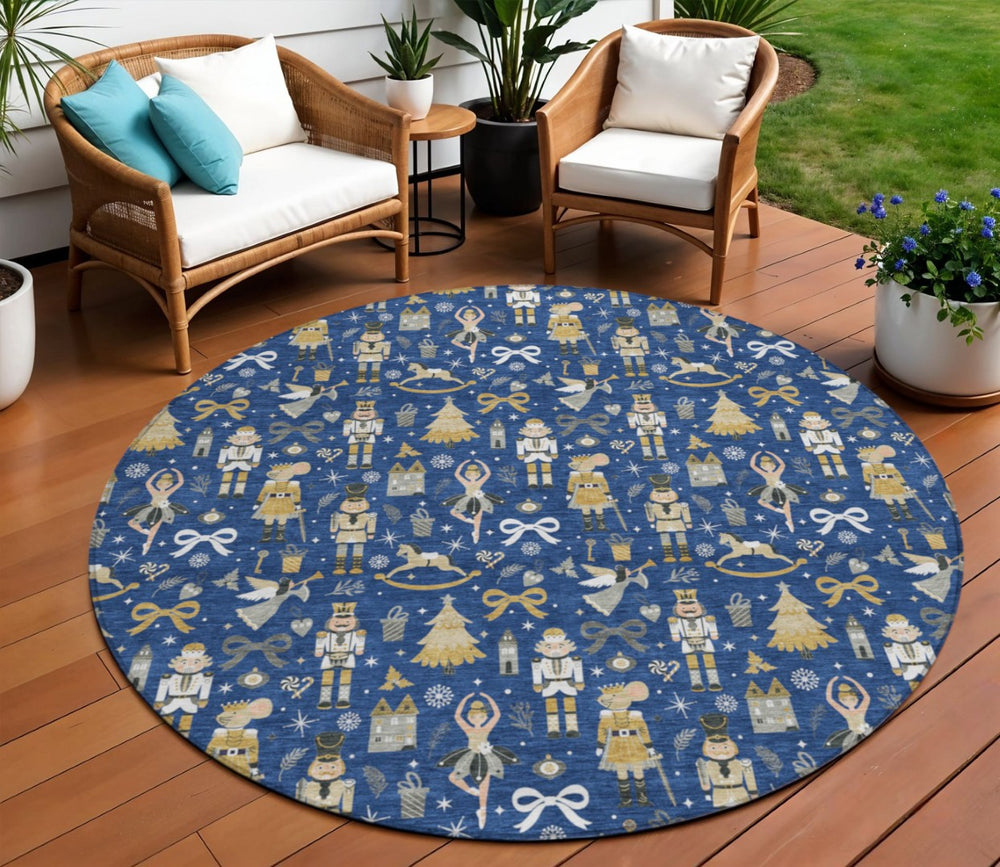 HomeRoots 8' Stylish Navy Blue, Gold, Black & Gray Round Village House Rug – Washable for Indoor & Outdoor Use 621810