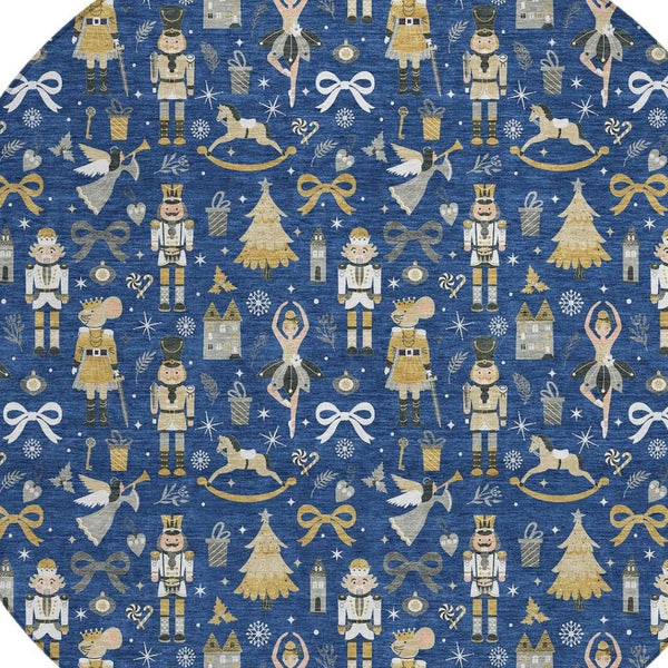 HomeRoots 8' Stylish Navy Blue, Gold, Black & Gray Round Village House Rug – Washable for Indoor & Outdoor Use 621810