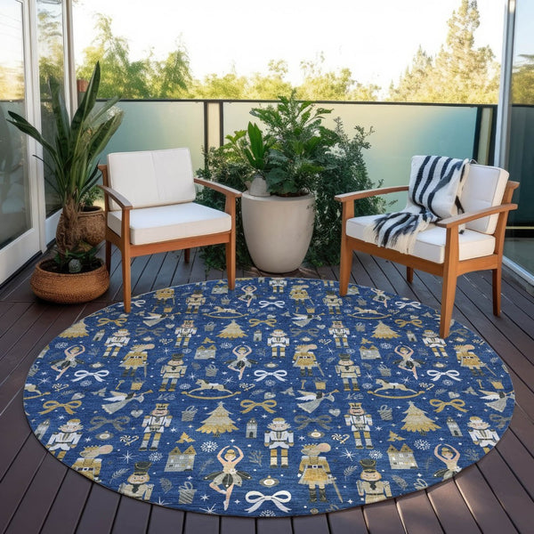 HomeRoots 8' Stylish Navy Blue, Gold, Black & Gray Round Village House Rug – Washable for Indoor & Outdoor Use 621810