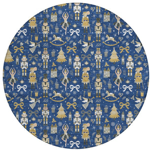 HomeRoots 8' Stylish Navy Blue, Gold, Black & Gray Round Village House Rug – Washable for Indoor & Outdoor Use 621810