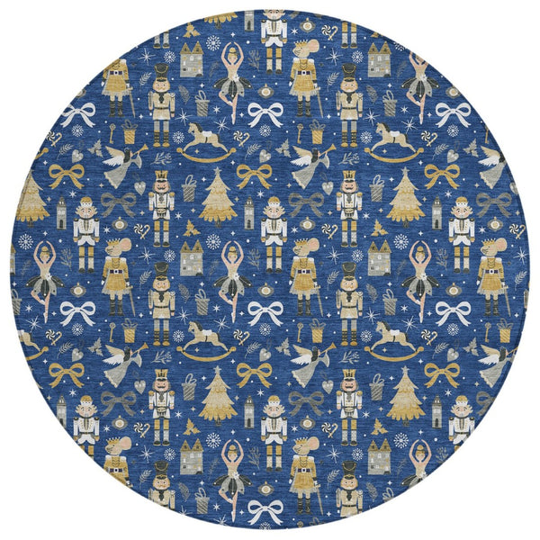 HomeRoots 8' Stylish Navy Blue, Gold, Black & Gray Round Village House Rug – Washable for Indoor & Outdoor Use 621810