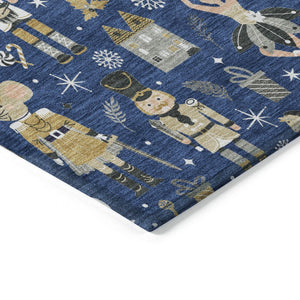 HomeRoots 8' Stylish Navy Blue, Gold, Black & Gray Round Village House Rug – Washable for Indoor & Outdoor Use 621810
