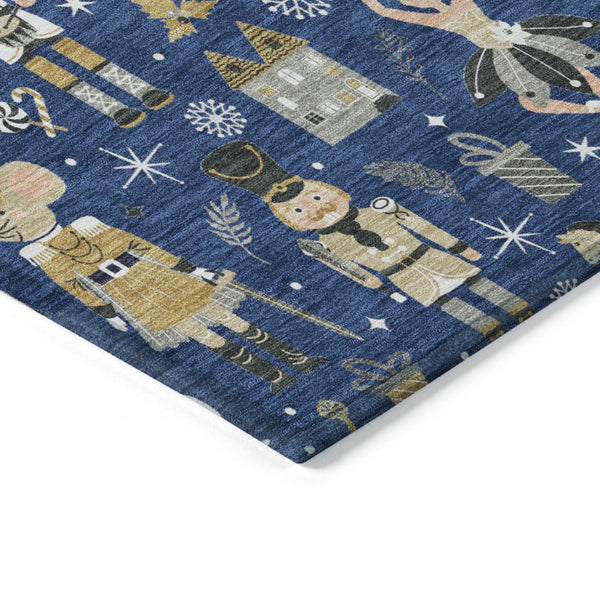 HomeRoots 8' Stylish Navy Blue, Gold, Black & Gray Round Village House Rug – Washable for Indoor & Outdoor Use 621810