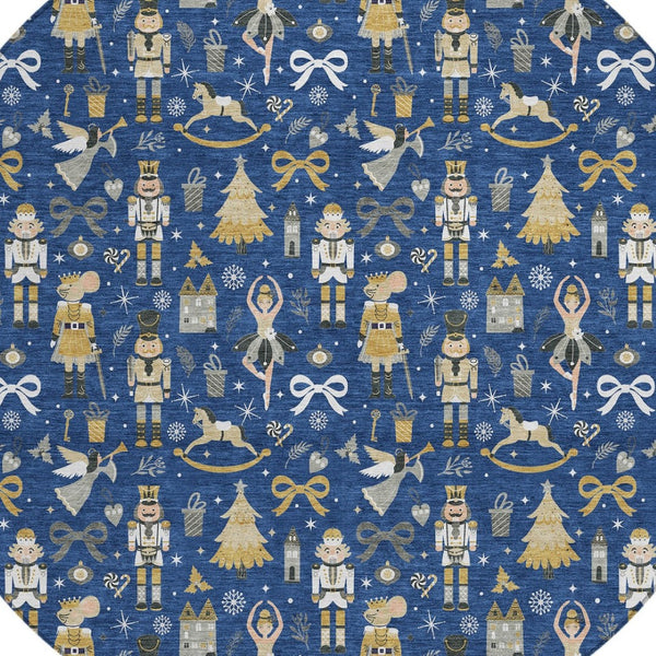 HomeRoots 8' Stylish Navy Blue, Gold, Black & Gray Round Village House Rug – Washable for Indoor & Outdoor Use 621810