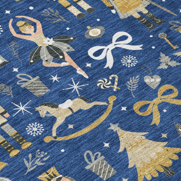 HomeRoots 8' Stylish Navy Blue, Gold, Black & Gray Round Village House Rug – Washable for Indoor & Outdoor Use 621810
